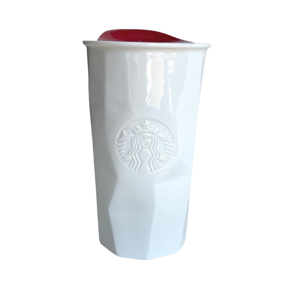 Vintage Starbucks 2013 White Faceted Geometric Ceramic Traveler Mug Red Lid 10oz